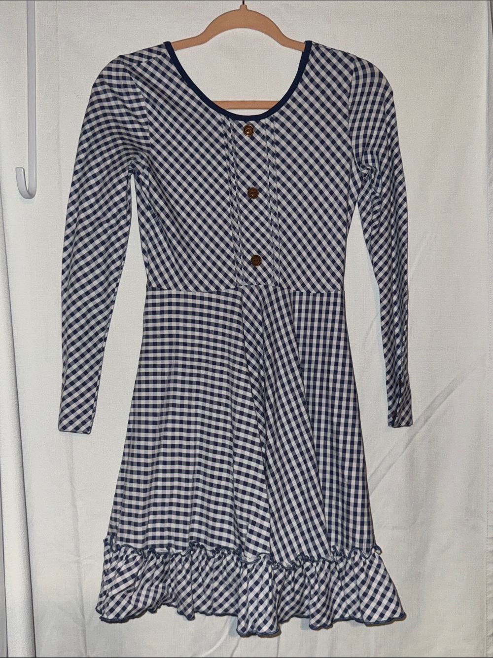 Girls' Navy Gingham Long-Sleeve Ruffle-Hem Dress